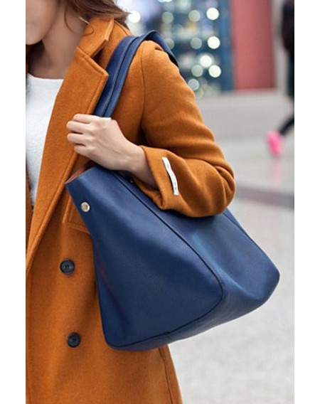 Dark-blue Faux Leather Two-piece Tote Handbag Set