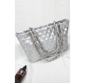 Silver Quilted Chain Double Handle Tote Handbag