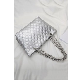 Silver Quilted Chain Double Handle Tote Handbag