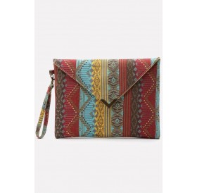 Red Canvas Tribal Print Envelope Clutch Bag