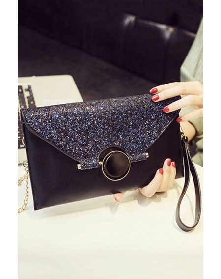 Black Glitter Sequin Chain Strap Envelope Wristlet Clutch Bag