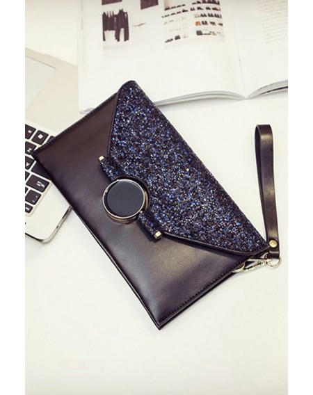 Black Glitter Sequin Chain Strap Envelope Wristlet Clutch Bag
