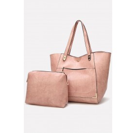 Faux Leather Zip Pocket Two-piece Set Tote Handbag