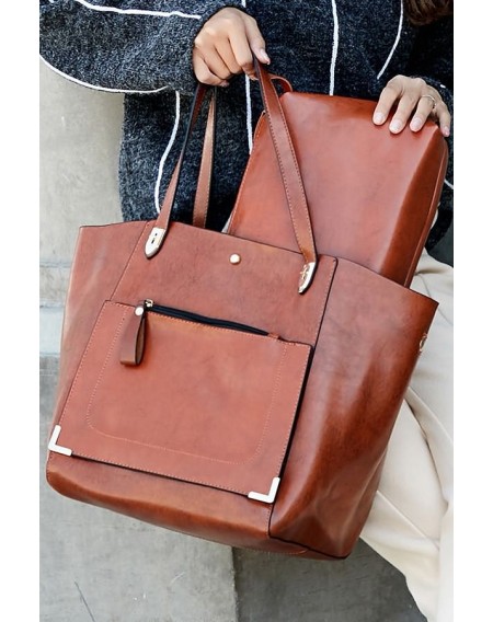 Brown Faux Leather Zip Pocket Two-piece Set Tote Handbag