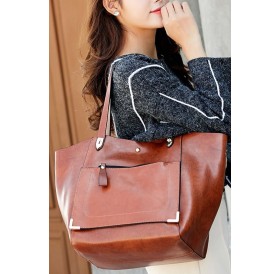 Brown Faux Leather Zip Pocket Two-piece Set Tote Handbag