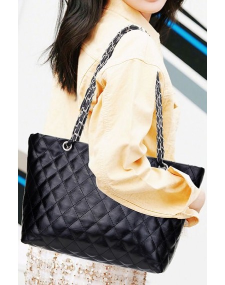 Black Quilted Chain Double Handle Tote Handbag