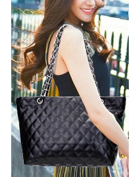 Black Quilted Chain Double Handle Tote Handbag