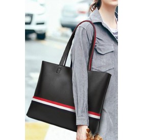 Black Faux Leather Contrast Stripe Two-piece Set Tote Handbag