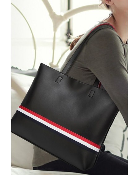 Black Faux Leather Contrast Stripe Two-piece Set Tote Handbag