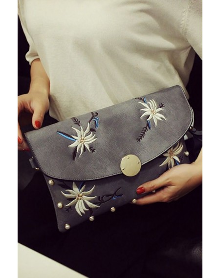 Gray Floral Embroidered Chain Strap Envelope Wristlet Clutch Bag
