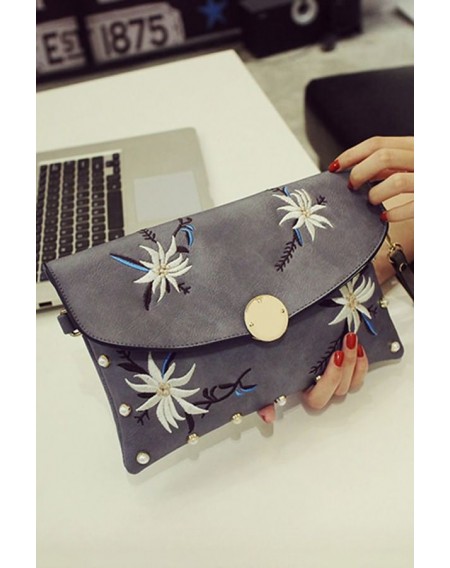 Gray Floral Embroidered Chain Strap Envelope Wristlet Clutch Bag