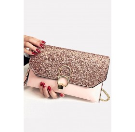 Pink Glitter Sequin Chain Strap Wristlet Clutch Bag