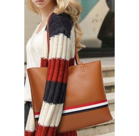Brown Faux Leather Contrast Stripe Two-piece Set Tote Handbag
