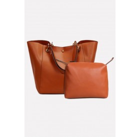 Brown Faux Leather Two-piece Set Tote Handbag