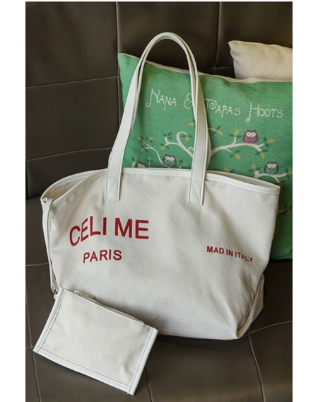 White Canvas Slogan Print Two-piece Set Tote Handbag