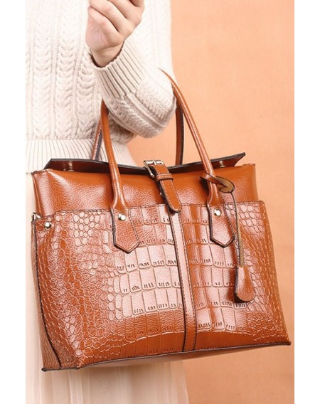 Brown Faux Leather Crocodile Tote Handbag