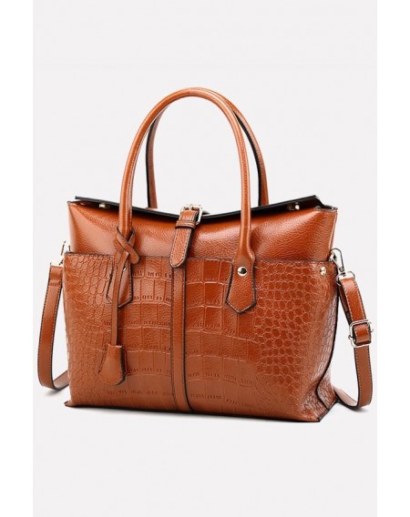 Brown Faux Leather Crocodile Tote Handbag