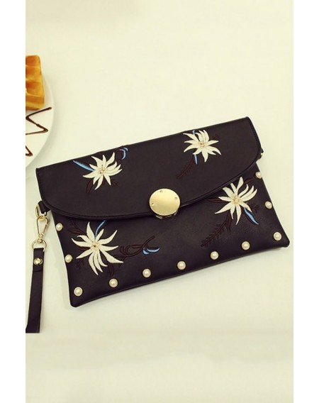 Floral Embroidered Chain Strap Envelope Wristlet Clutch Bag