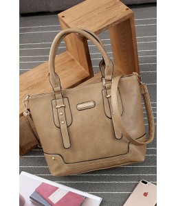 Apricot Faux Leather Zip Pocket Convertible Strap Tote Handbag