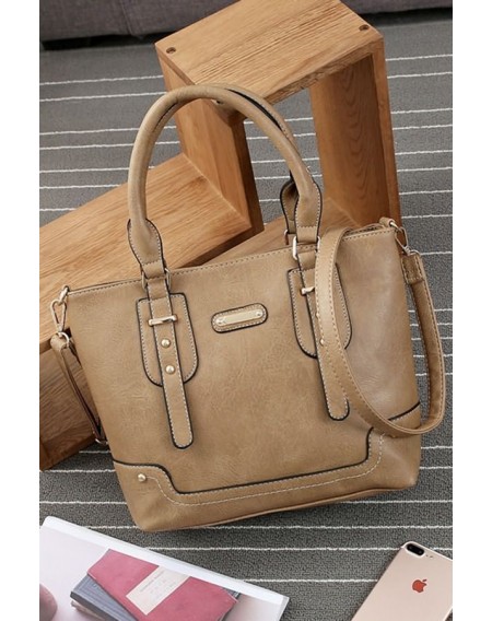 Apricot Faux Leather Zip Pocket Convertible Strap Tote Handbag