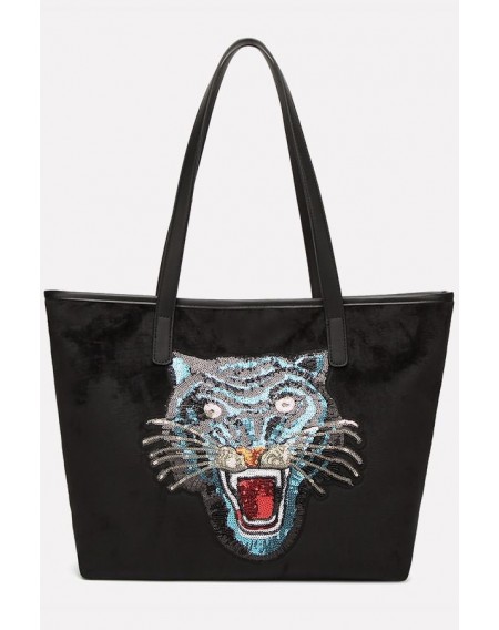Black Sequin Tiger Zip Pocket Tote Handbag