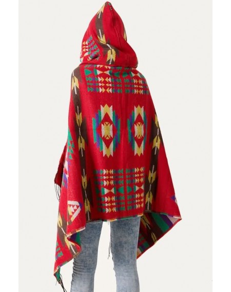 Red Tribal Print Hooded Stylish Shawl Scarf