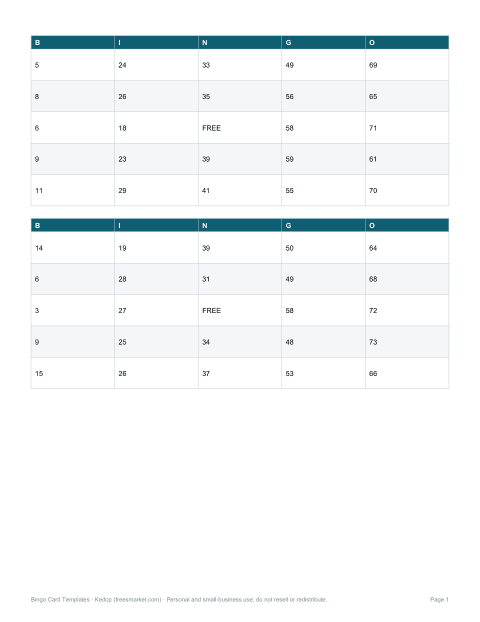 Preview of the first page of Classic 1–75 cards (PDF)