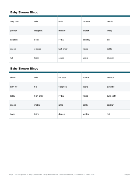 Preview of the first page of Baby Shower bingo (PDF)